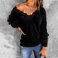 Autumn And Winter New Style Solid Color Lace V-leader Hollow Knit Top Women