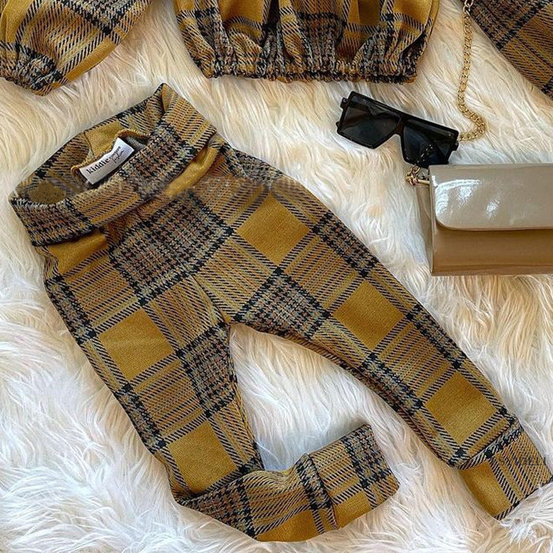 Checker Trousers One Shoulder Long Sleeve Two-piece Set