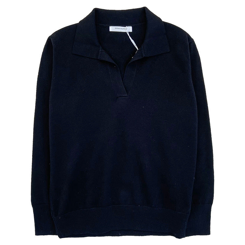 Women's Temperament Simple Lapel Slim Fit Long Sleeve Knit Sweater