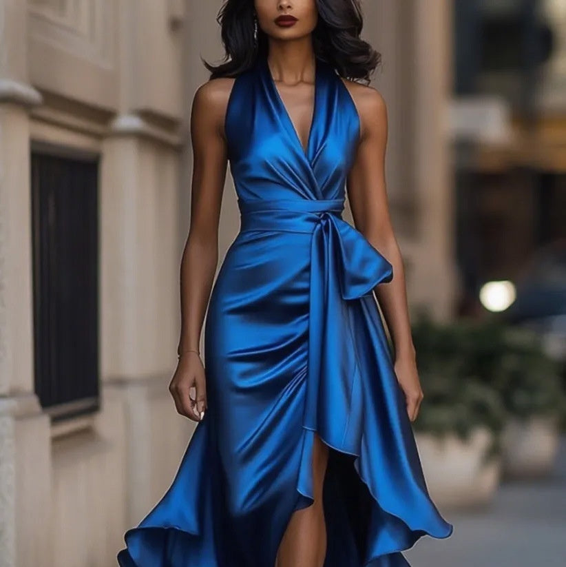 Elegant V-neck Irregular Women's Ruffled Dress