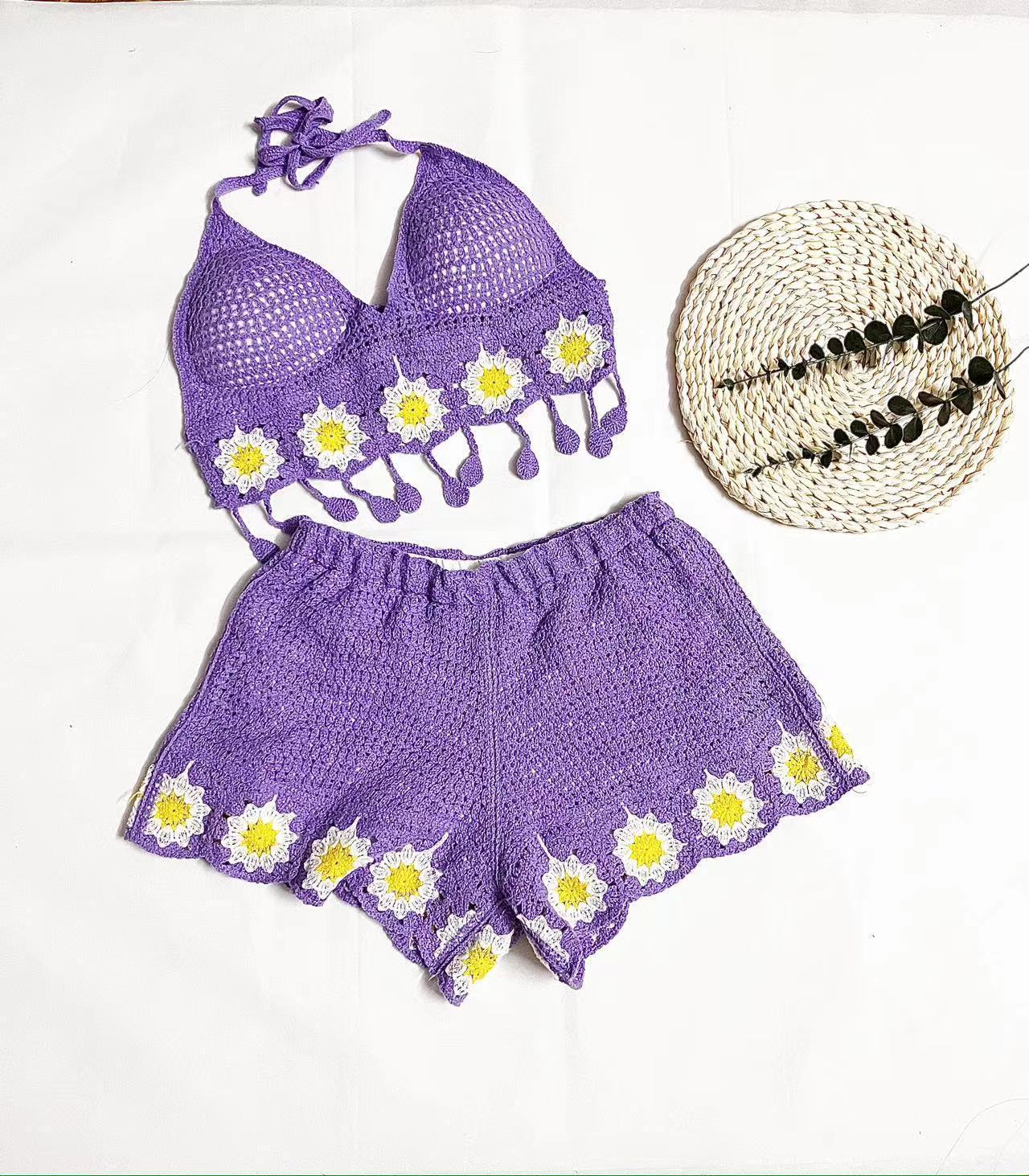 Vacation Style Woven Cutout Sling Slimming Shorts Suit