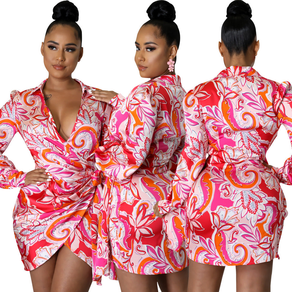 Digital Printed V-neck Women's Slim Fit Dress