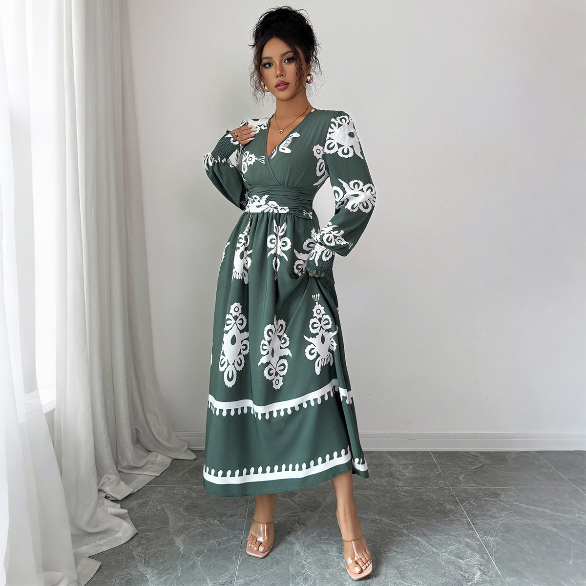 Elegant Style Printed Long Sleeve Dress Women's Clothing