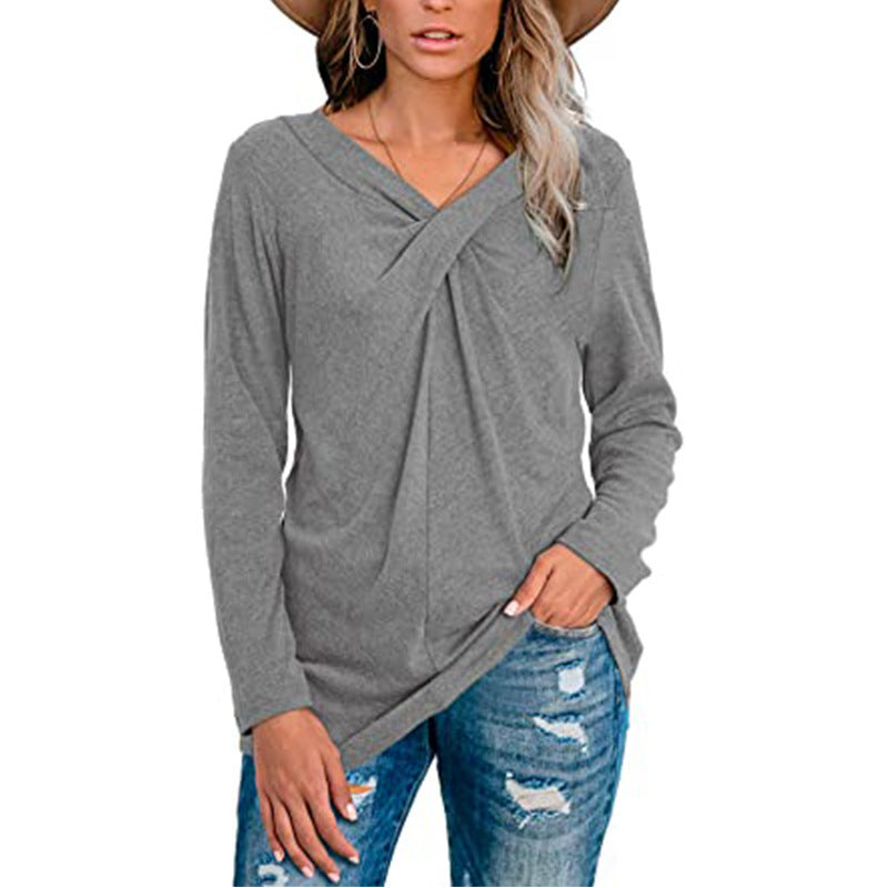 New V-Neck Long Sleeve Neck Twist Casual T-Shirt
