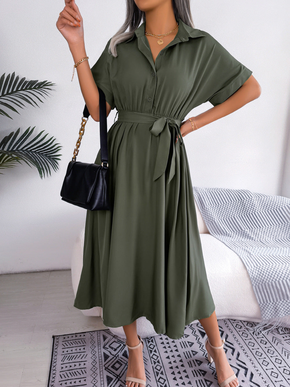 Robe chemise ample nouée de couleur pure, style européen et américain