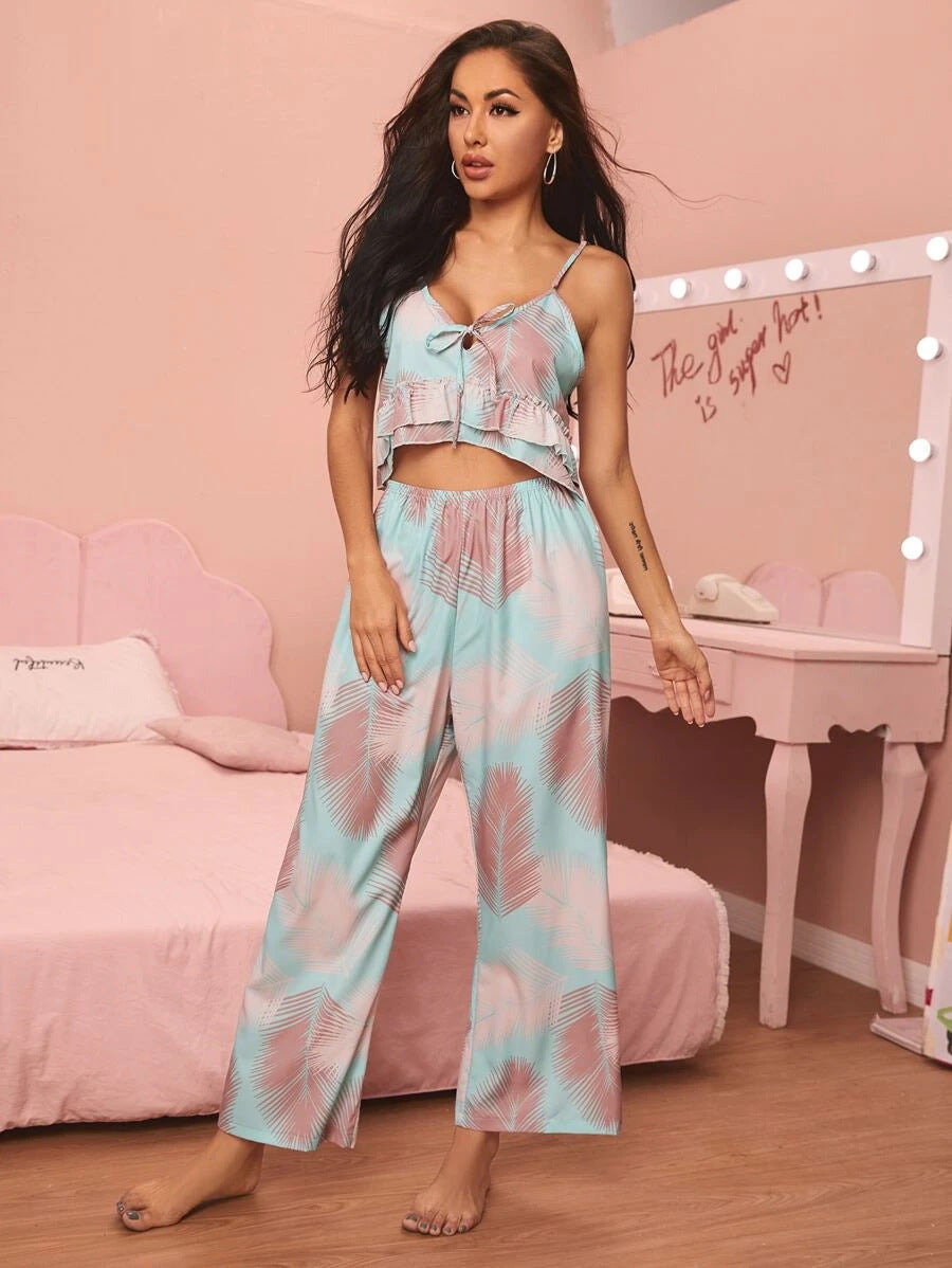 Ensemble de pyjama confortable à col en V et imprimé écharpe