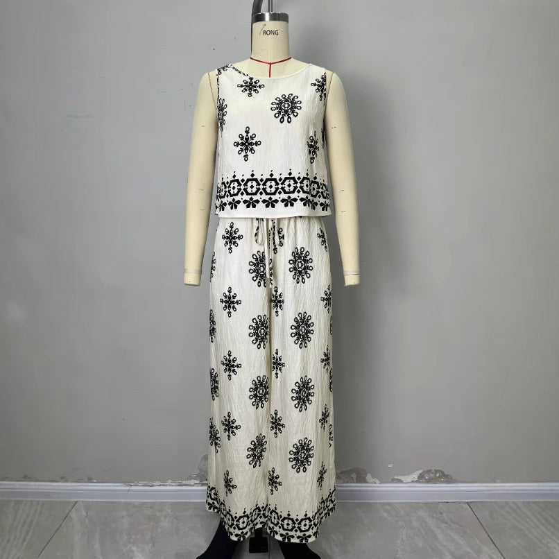 Thin Breathable Positioning Printing Vest Jacket Breasted Elastic Waist Wide Leg Pants Two-piece Set