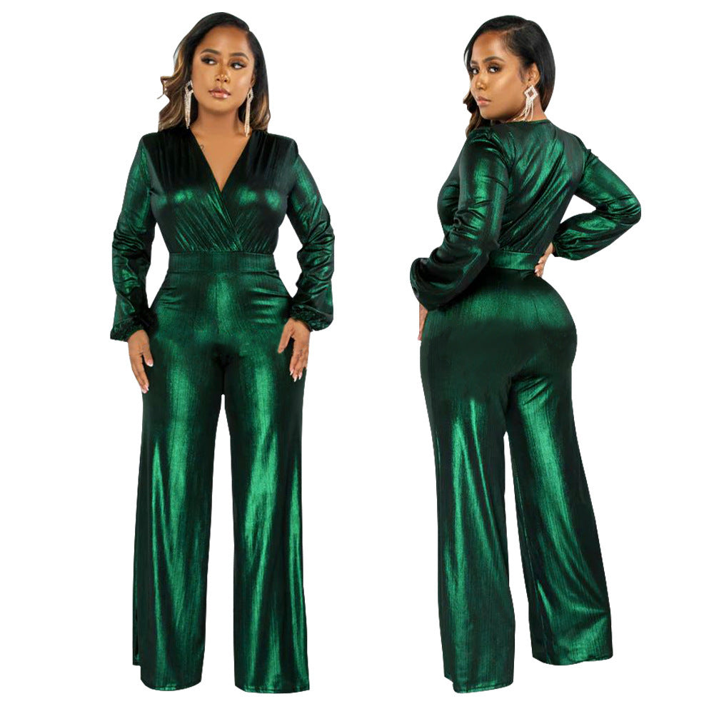 V-neck Lantern Sleeve Bronzing Jumpsuit