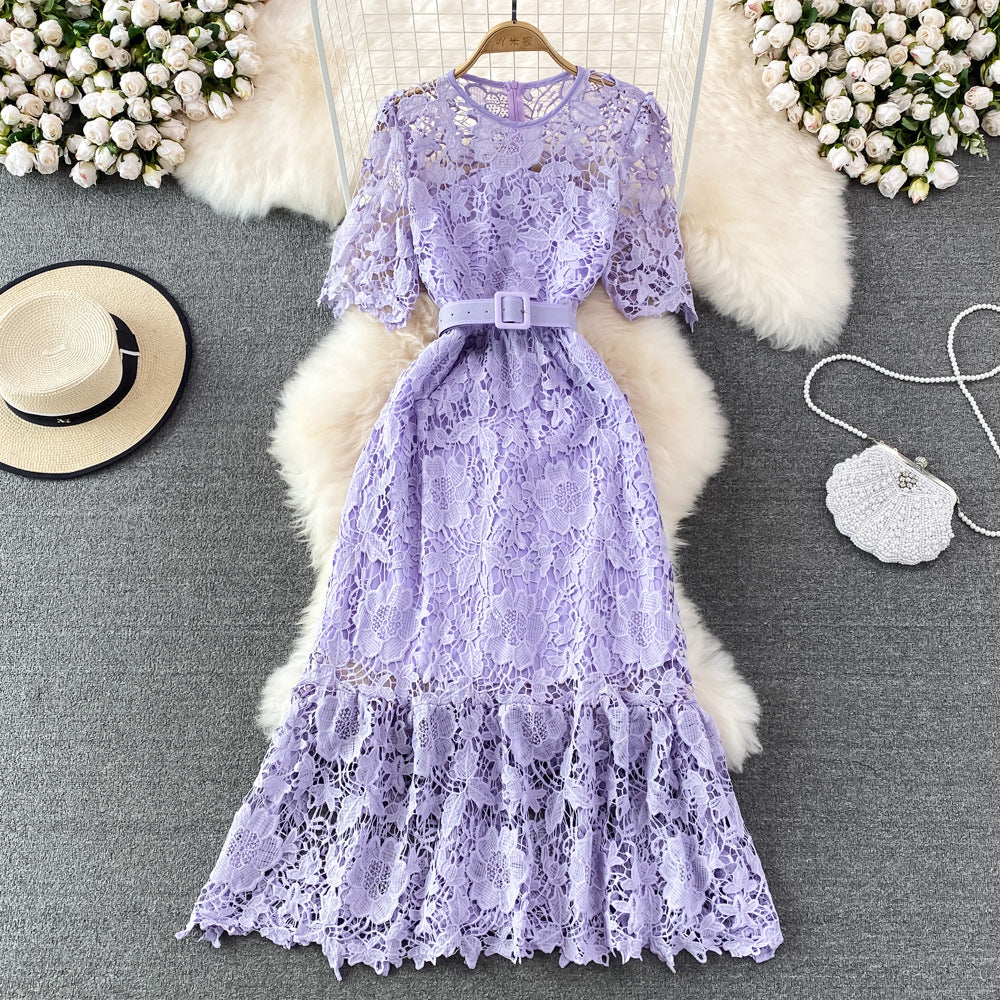 Summer Ladies Round Neck Crocheted Hollow Lace Dress