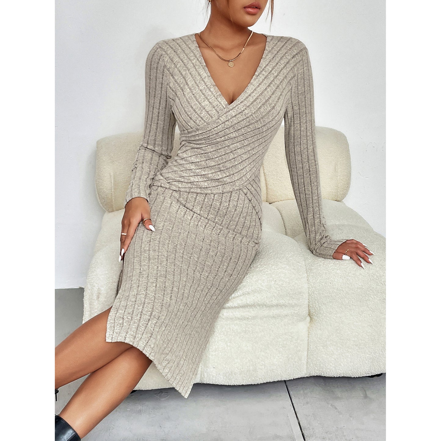 European And American High Waist Slit Long Sleeve Dress