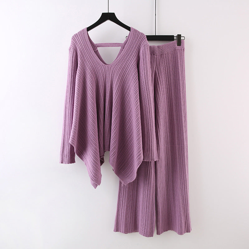 Ensemble pull-over élégant et tendance pour l'automne, haut en tricot plissé irrégulier à col en V, pantalon large