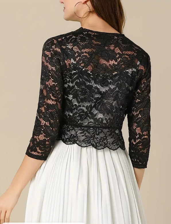 Ladies' Vest Short Collarless Cardigan Top Solid Color Elegant Lace Shirt