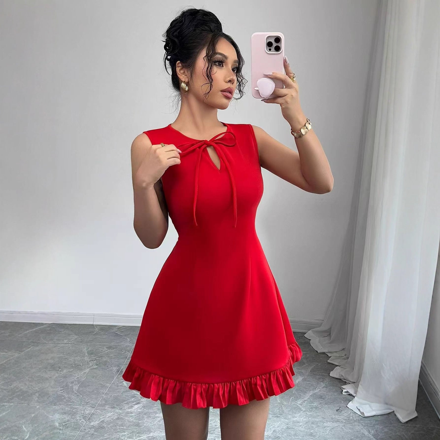 Women's Lace-up Mini Dress With Bow And Ruffled Hem