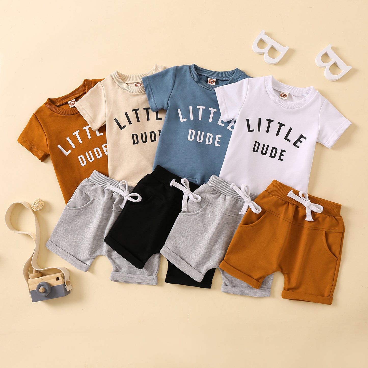 Round Neck Letter Print Short-sleeved Top Solid Color Shorts Two-piece Set