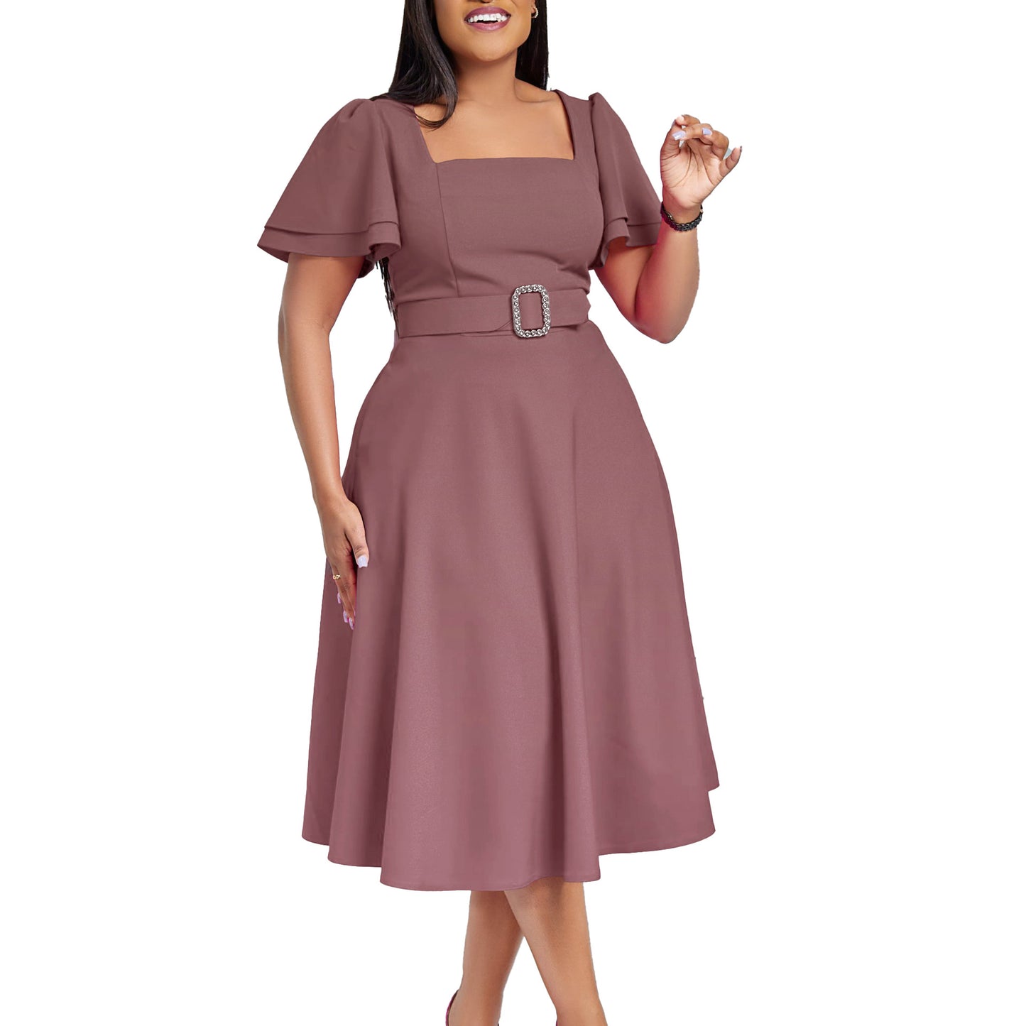 High-waisted Solid-color Elegant European And American-style Dress
