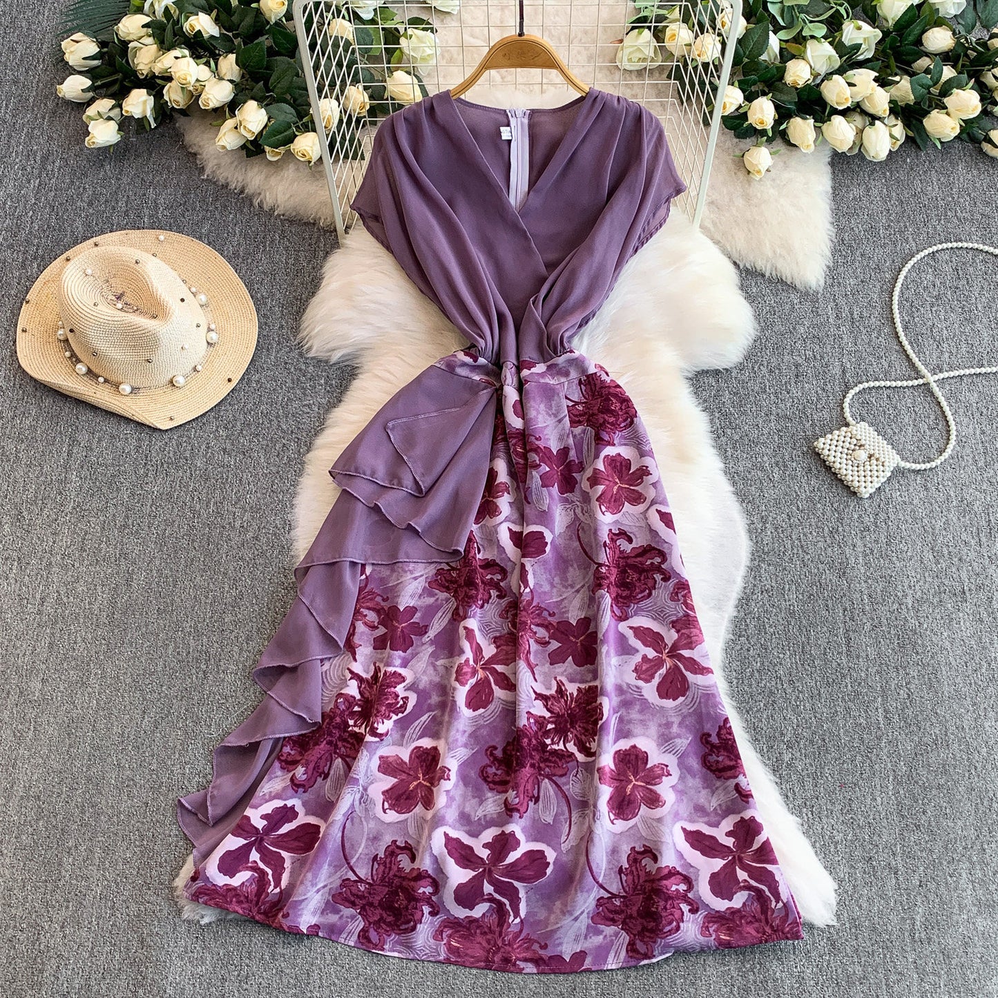 Womens Floral Print V Neck Dress With Ruffled Hem
