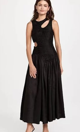 Robe mi-longue plissée à taille évidée pour femme, couleur unie