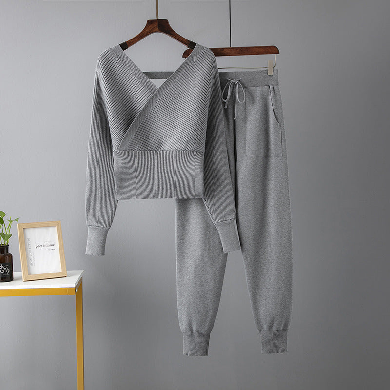 V-neck Sweater Casual Sports Pants Two-piece Set For Women