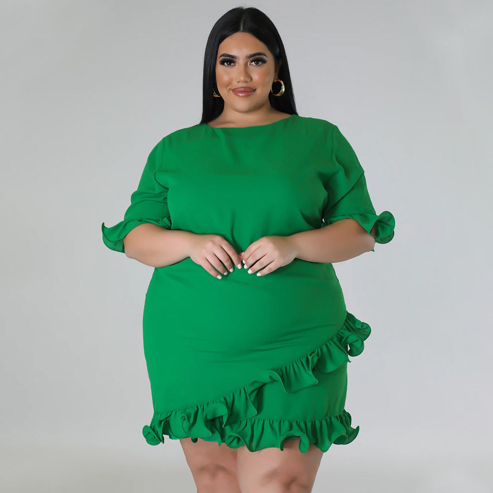 Slim-fit Round-neck Solid-color Casual Dress With Ruffled Hem