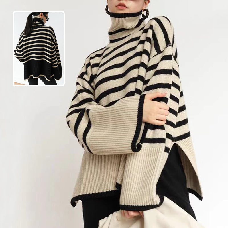 Pull à col roulé rayé tendance, décontracté, ample, fendu, design, hauts d'hiver, vêtements pour femmes