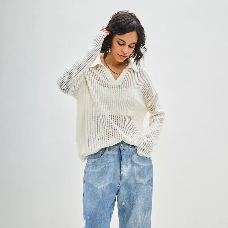 Women's POLO Loose Knit Openwork Knitted Top