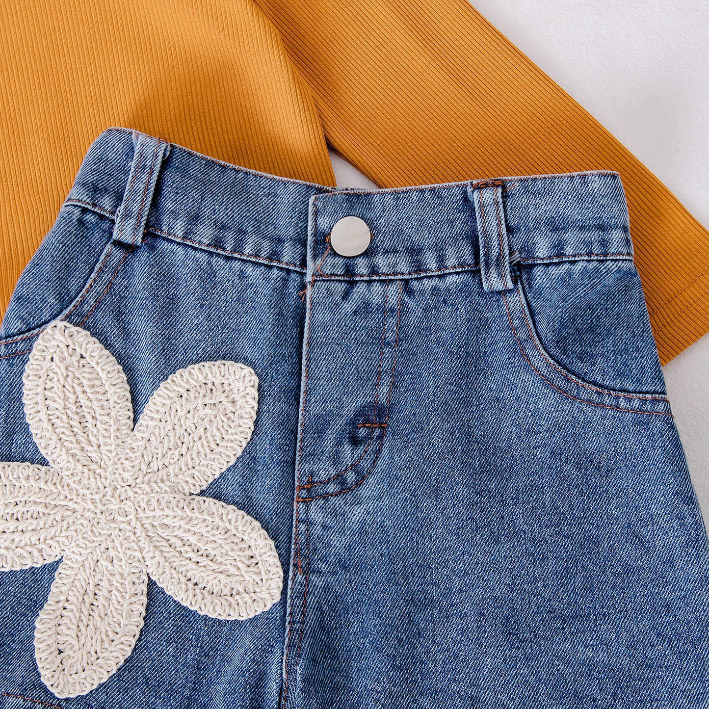 Flower Embroidered Denim Shorts Set Two-piece