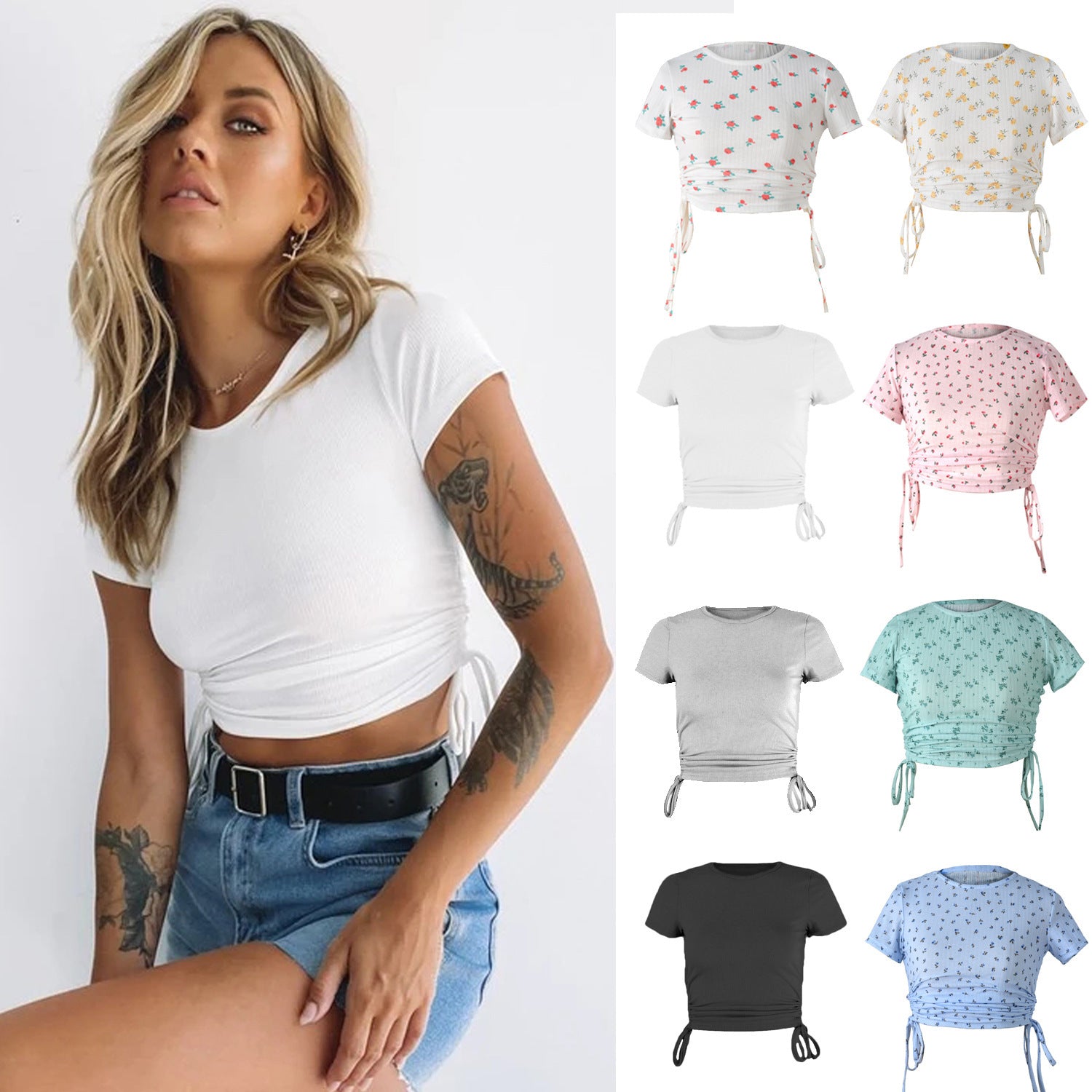 Women's Printed Short-sleeved T-shirt With Drawstring