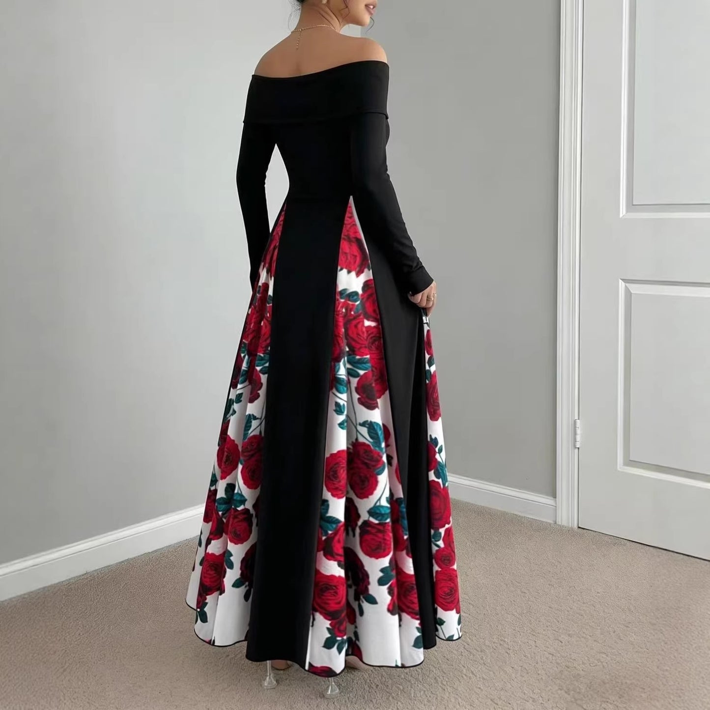 Off-shoulder Contrast-color Patchwork Long-sleeve Elegant Figure-flattering Dress