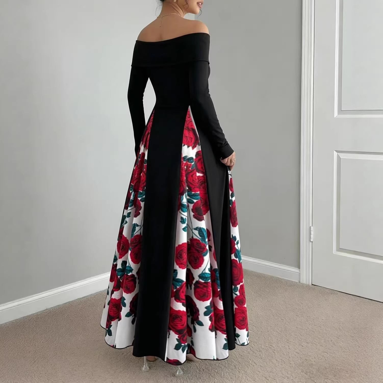 Off-shoulder Contrast-color Patchwork Long-sleeve Elegant Figure-flattering Dress