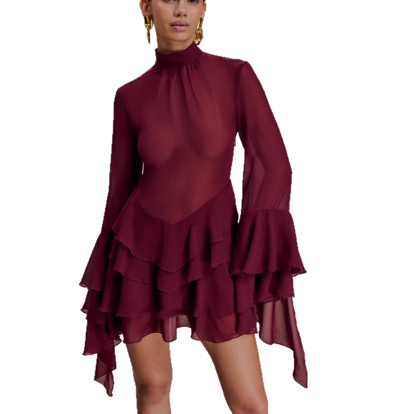 New Elegant Temperament Trumpet Sleeve Chiffon Dress