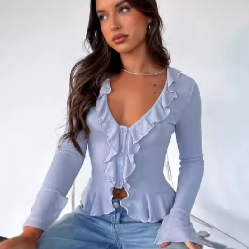 Irregular T-shirt V-neck Ruffled Flared Sleeve Button Short Cardigan Top