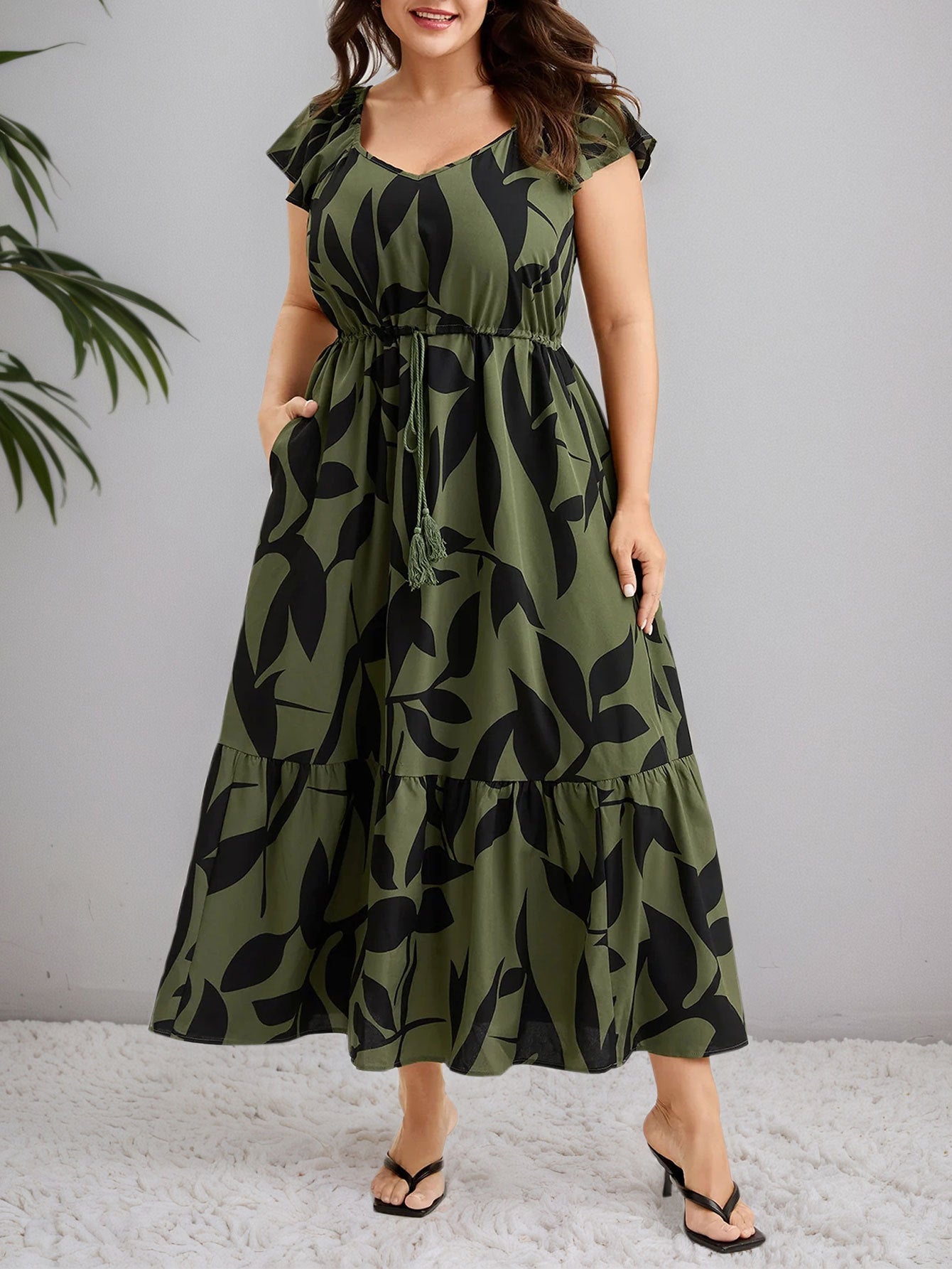 Floral Flutter-Sleeve Drawstring-Waist Maxi Midi Slimming Dress
