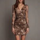 Leopard Print V Neck Mesh Panel Long Sleeve Waist Cinching Pleated Dress