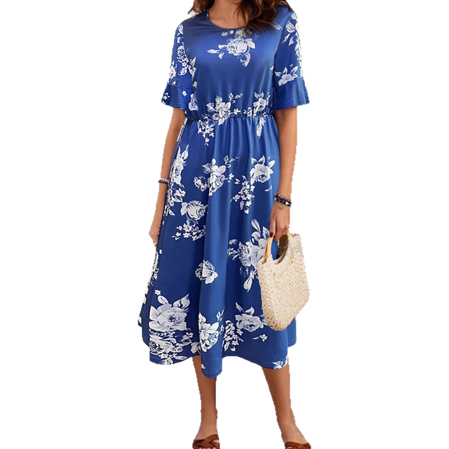 Fashionable Cinched Waist Round Neck Short-sleeve Printed Dress