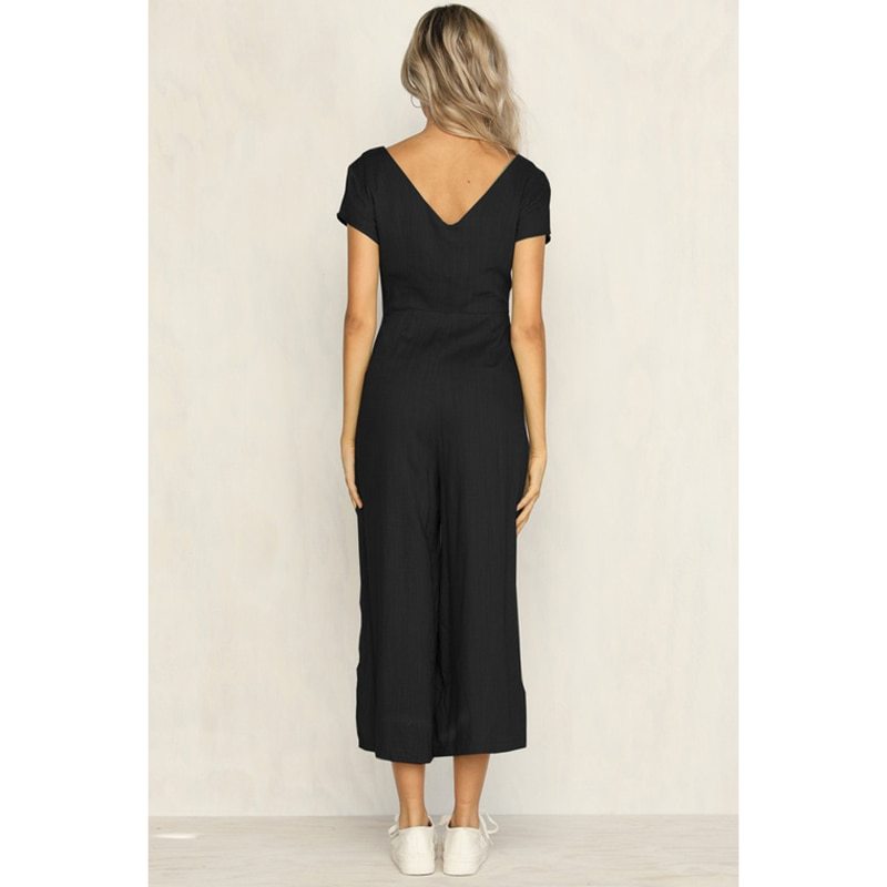 V-neck fashion casual pants button jumpsuit