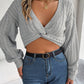 Knot V-neck Lantern Sleeve Midriff-baring Sweater