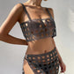 Fishnet Rhinestone Halterneck With Suspenders Hollow Vest Skirt