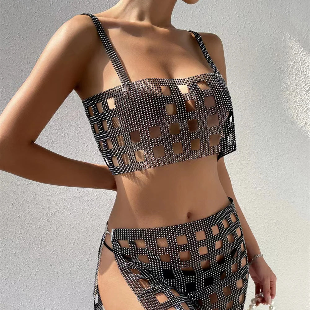 Fishnet Rhinestone Halterneck With Suspenders Hollow Vest Skirt