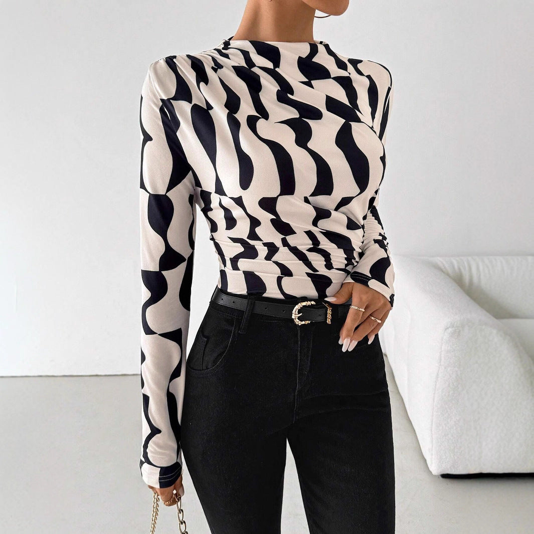 European And American Small Stand Collar Pleated Edge Printing Slim Fit Slimming Top Women