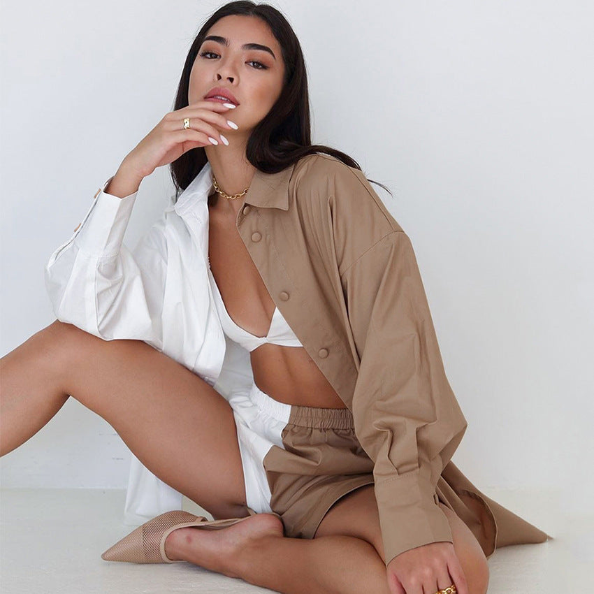 Contrast Color Long Sleeve Shirt Shorts Two-Piece Set