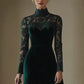 Vintage Velvet Stitched Lace High-Neck Long-Sleeve Midi Dress