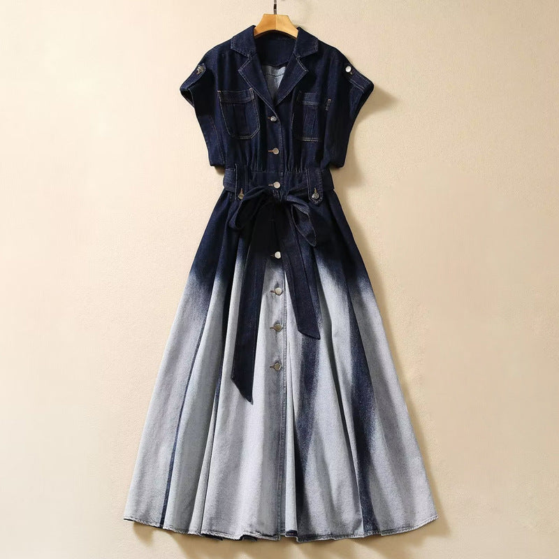 Robe en jean à revers, simple boutonnage, manches courtes, dégradé de couleurs, tendance, taille ajustée