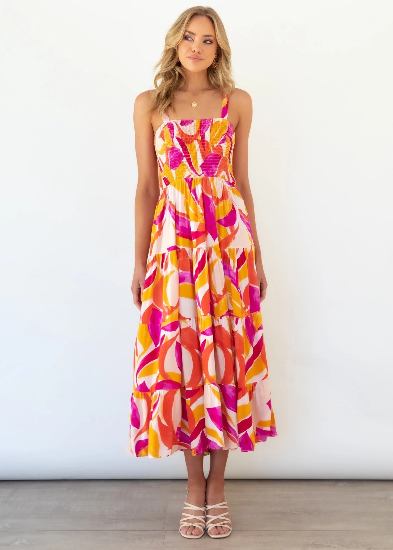 Spaghetti-strap Floral Print Pleated Dress