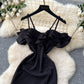 Off-the-shoulder Strap Mesh Patchwork Waist-cinched Slit Dress