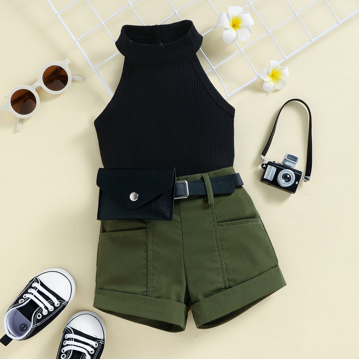 Halter Sunken Stripe Sleeveless Top Curling Shorts Suit
