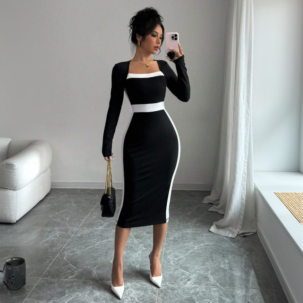 Women's Patchwork Color-block Long-sleeve Bodycon Dress