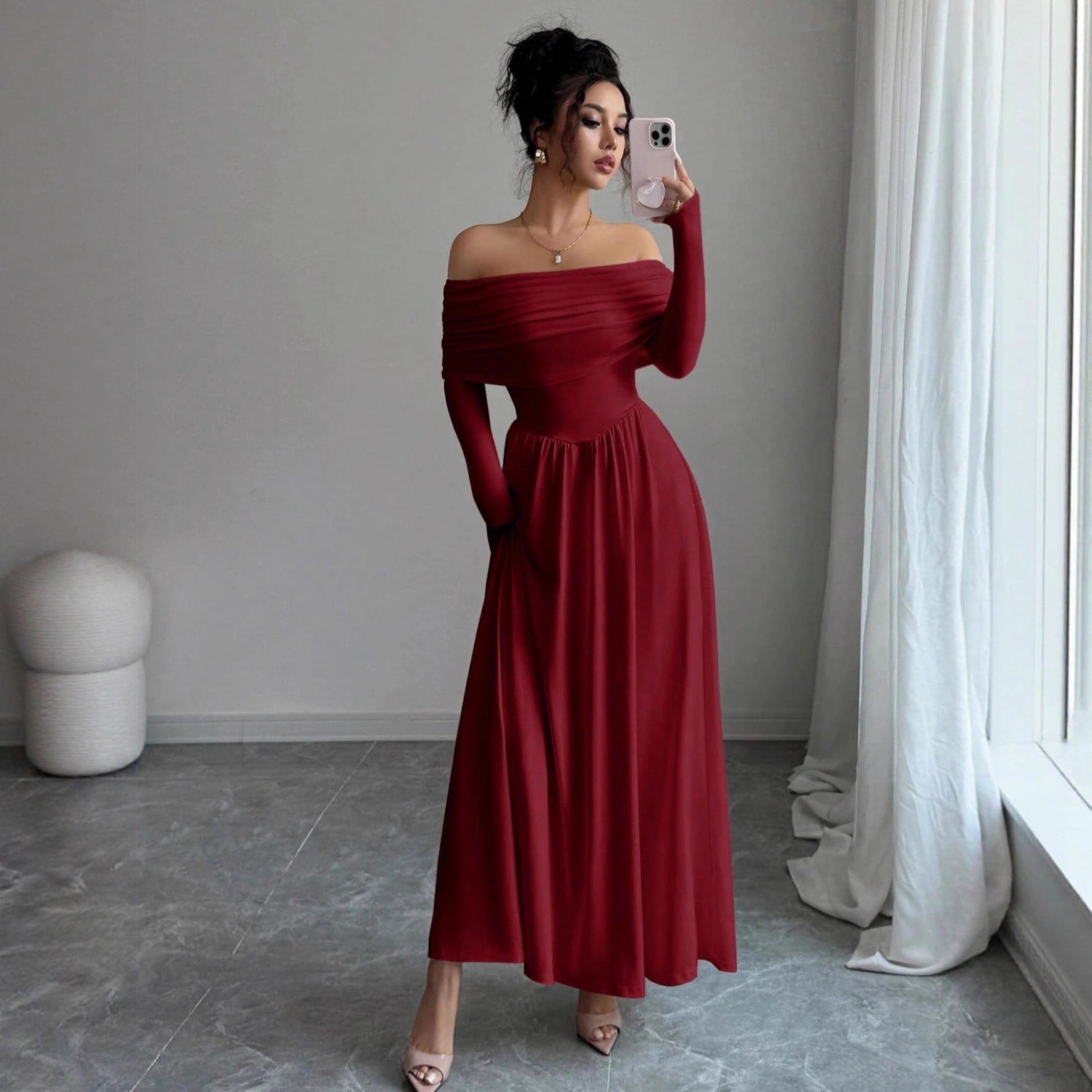 Women's Solid-Color French-Style Off-the-Shoulder Knitted Dress