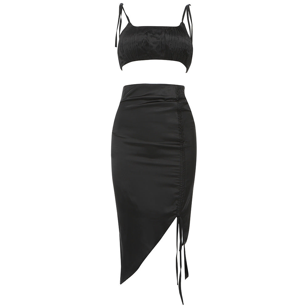 Drawstring Side Slit Skirt Sling Tube Top Two-piece Female