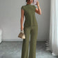 Solid-color Short-sleeve Top And Ribbed Casual Pants Set