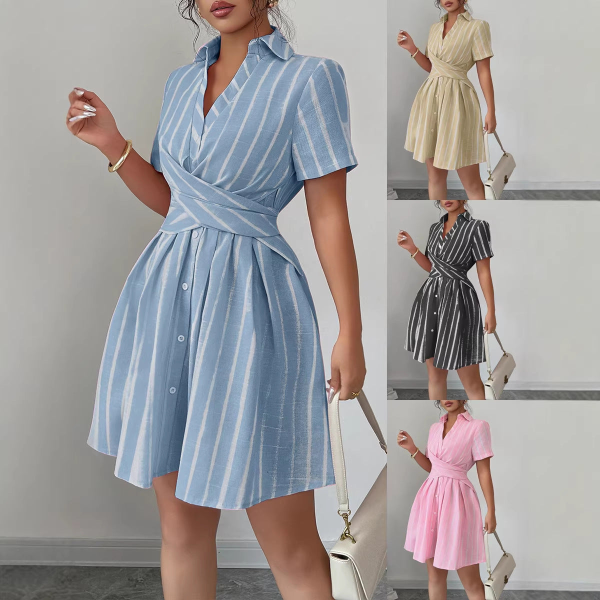 Strap-waisted Striped Shirt-style Short Dress